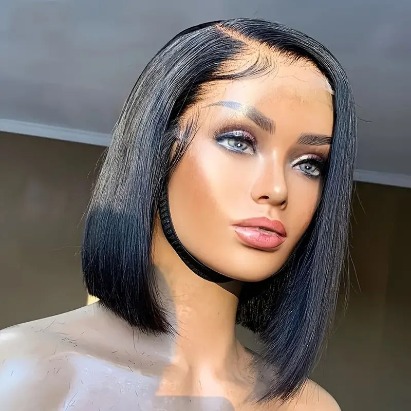 Wig rambut manusia Frontal 13X4 transparan renda Wig Bob lurus hitam alami sebelum dipetik rambut manusia Brasil kepadatan 200