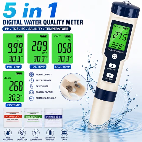 5 In 1 Digital Water Quality Tester pH TDS EC Salinity Temperature Meter LCD Testing Pen For Drinking Water Aquarium Pool Hydroponics