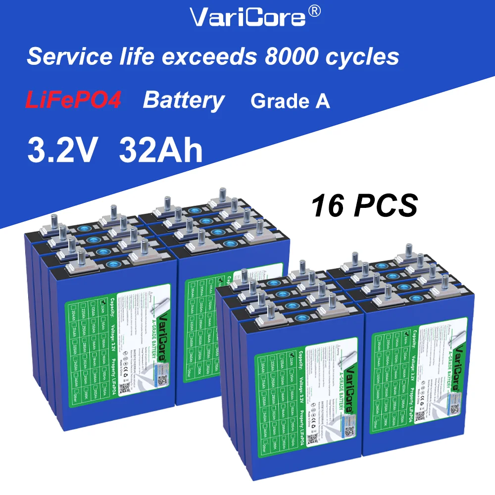 Varicore A-Grade 3.2V 32Ah LiFePO4 Lithium-Eisenphosphat-Batterie Hochleistungszellen 8000+ Tiefzyklusladungen Wiederaufladbar für Windturbinen, Solarmodule, Wohnmobile, Wohnwagen, netzunabhängige