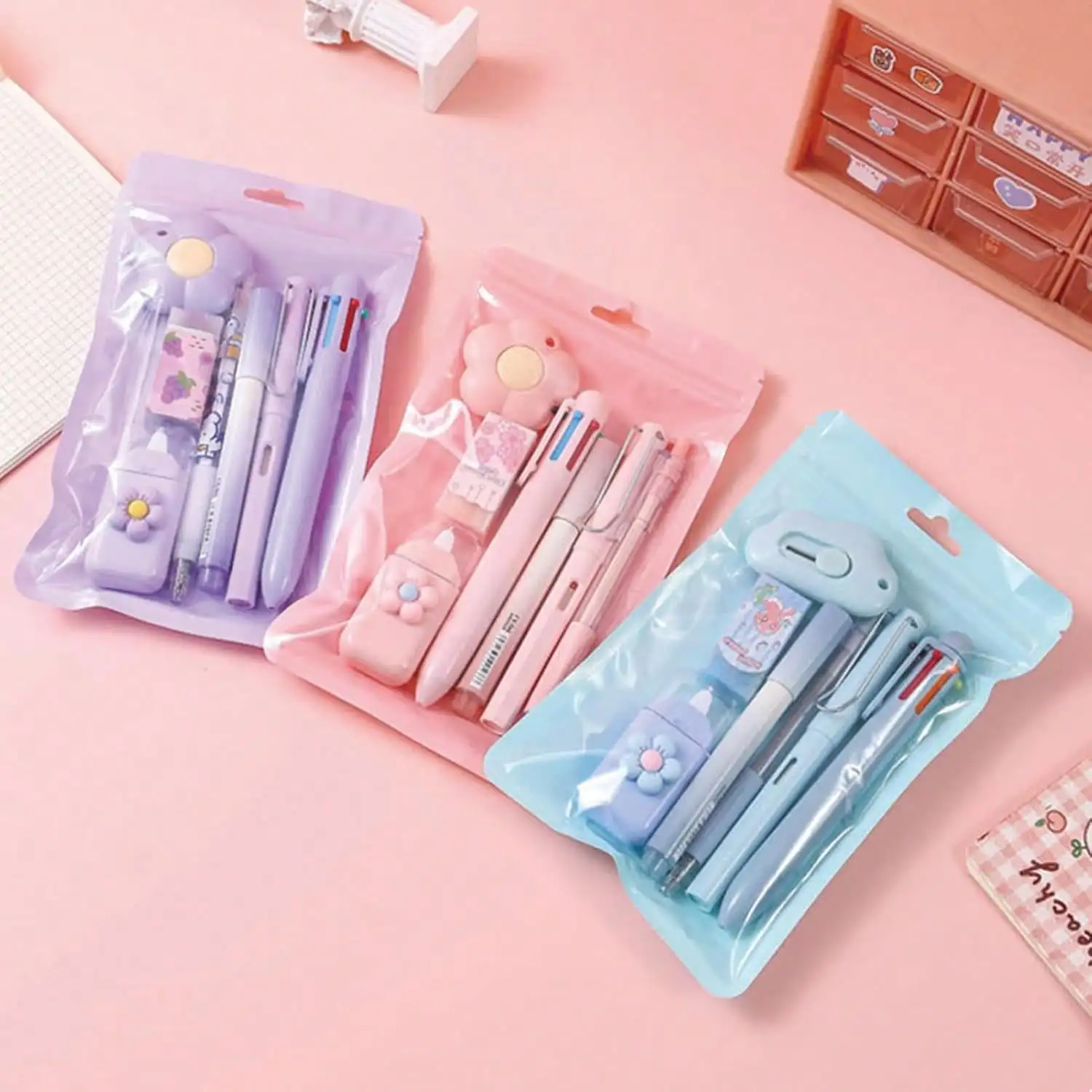 Kawaii School Supplies, Cute Stationery Combo for Students, Gel Pen Eraser Correction Tape Utility Pouch, Back to School Writing Supplies Kit
