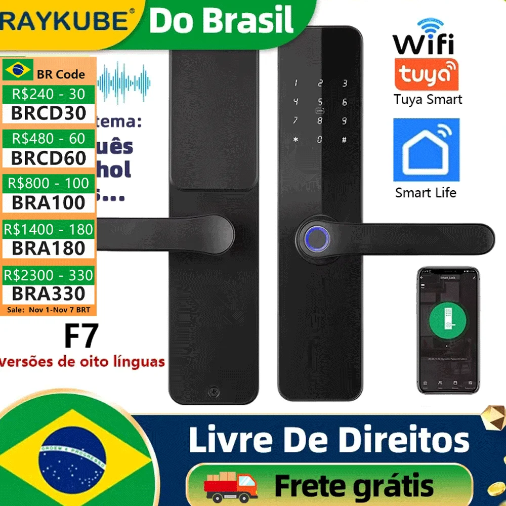 Do Brasil RAYKUBE F7 8-language Tuya WiFi Fingerprint Smart Electric Door Lock With Longer Larger Handle Key/APP Remote Unlock