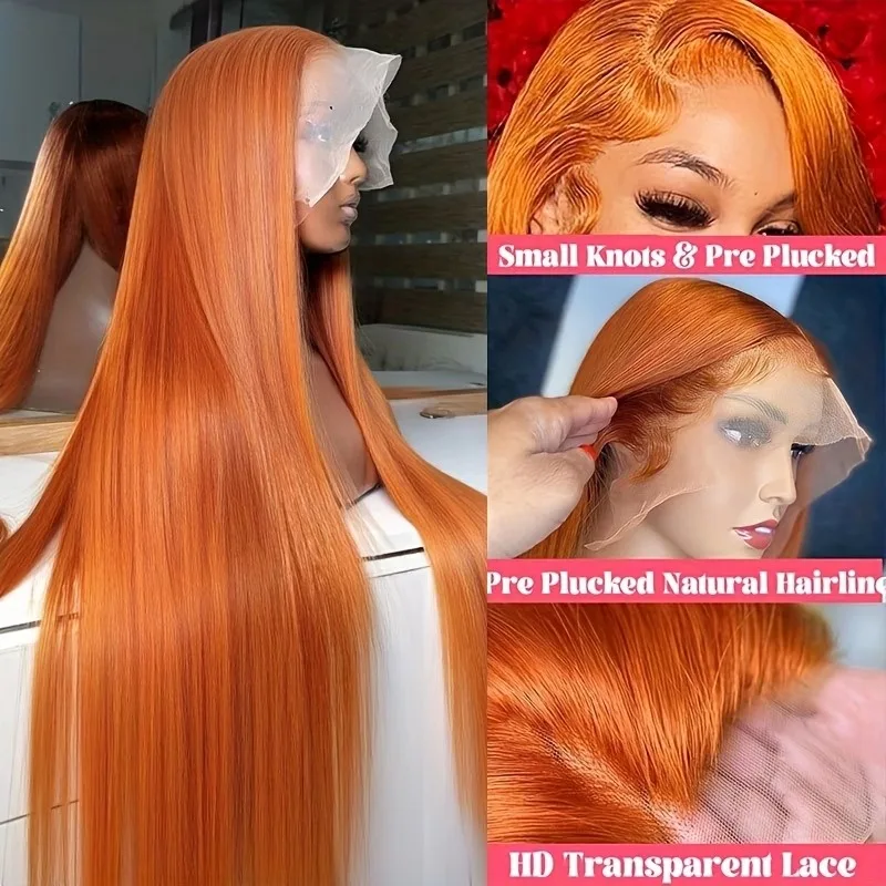 #350 orange Ginger Straight Human Hair Wig For Women 36 Inch Pre Plucked 13x6 Hd Transparent Lace Frontal Colored Wig For Women