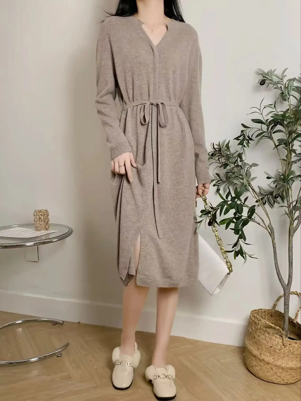 فستان أنيق كاجوال من صوف ميرينو بأكمام طويلة مع حزام #1