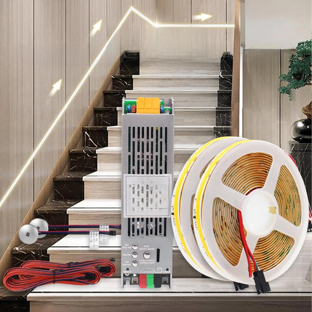 Bande lumineuse d'eau courante COB WS2811, 5M 10M 15M, pour 24V 400W, capteur de mouvement PIR, contrôleur d'escalier, éclairage décoratif d'escalier