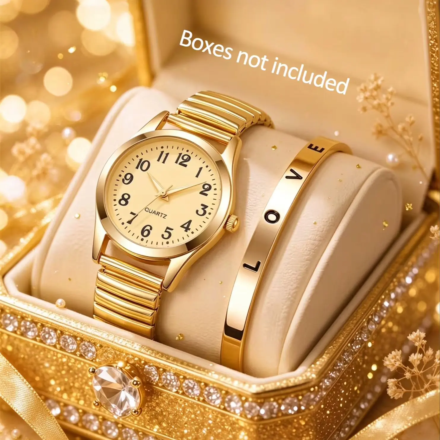 2-Piece Set of Cute Gold Women's Watches, Paired with a Love Bracelet Set, Suitable for Holiday Gifts, Daily Wear, and a Great Choice for Gifting