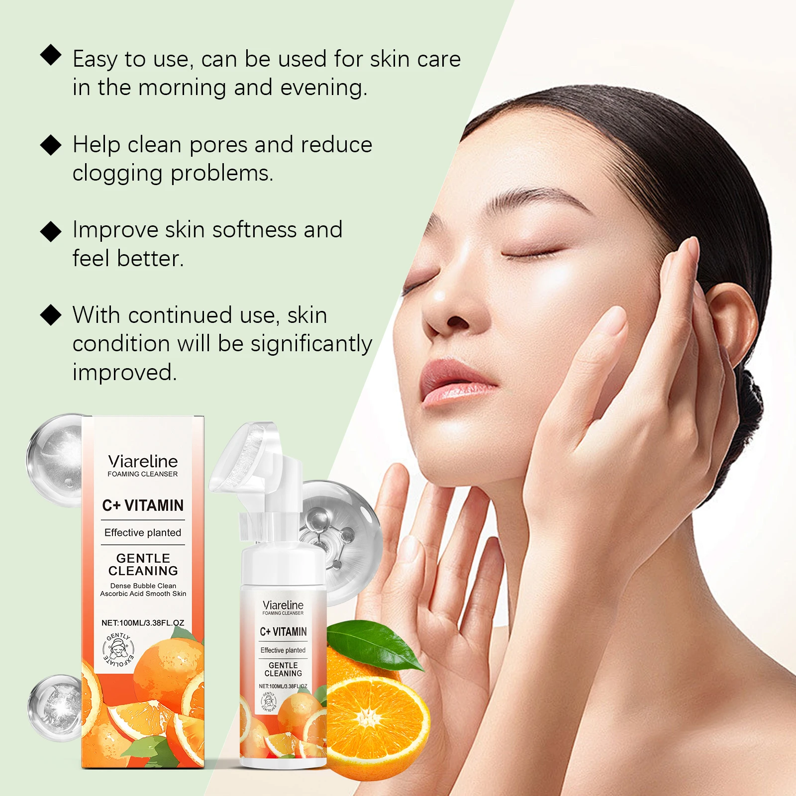 Viareline فيتامين C منظف الوجه فقاعة غنية إزالة الأوساخ المسام ترطيب لا ضيق تعزيز النعومة منظف الوجه مع فرشاة