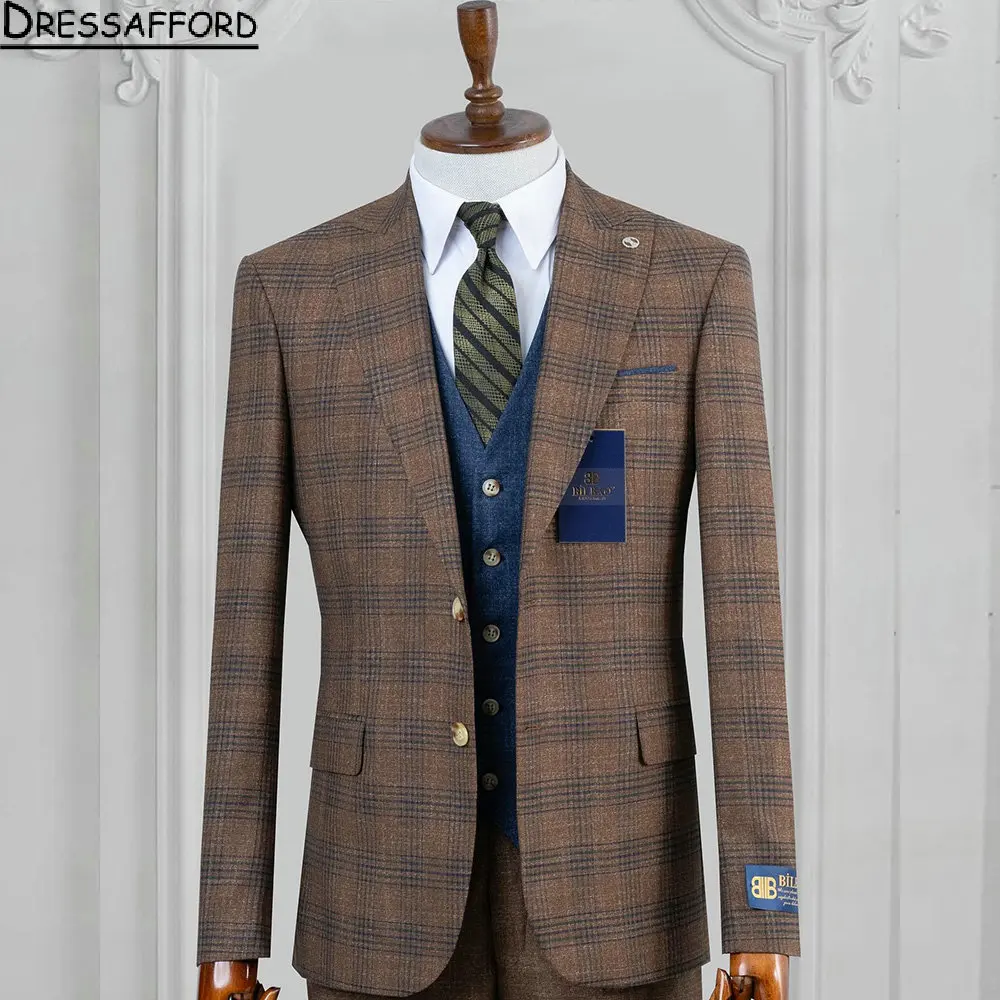 

Brown Plaid Groom Wear Formal Men Suits 3 Piece Jacket Vest And Pants Sets Smart Casual Business Blazer