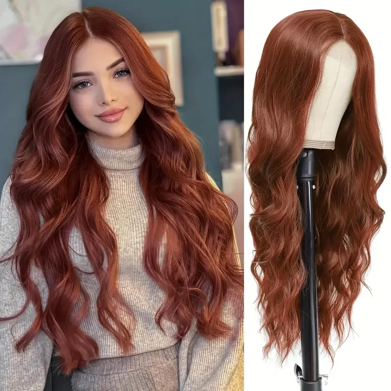 

26inch long wavy wig for women - natural cedar red center parted 13*4 wig, 180% density, suitable for daily and party use