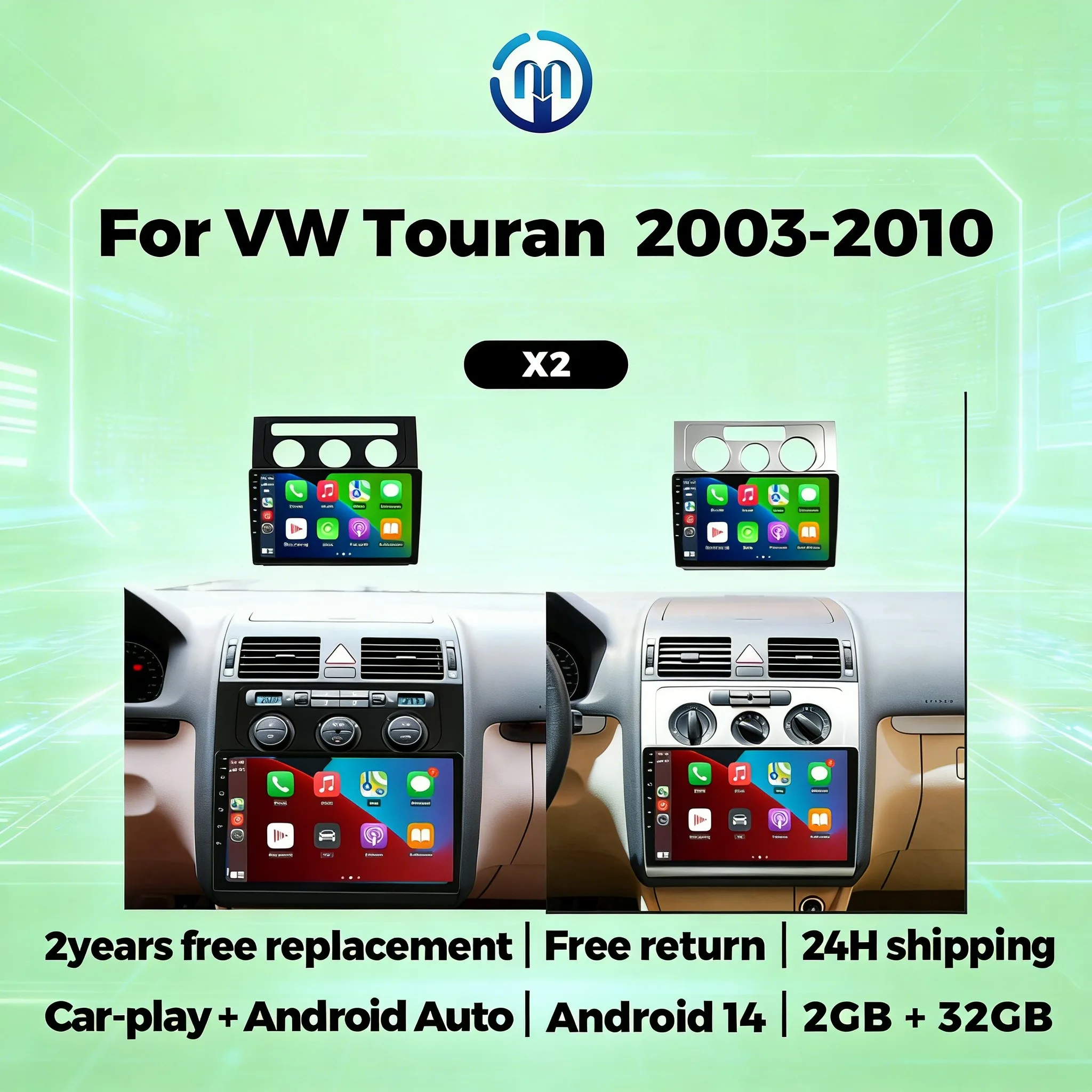 

10-дюймовый 2-диновый автомобильный радиоприемник для Volkswagen Touran 1 2003-2010, беспроводной Carplay, автомобильная мультимедийная система, GPS-навигация, FM-авторадио, BT