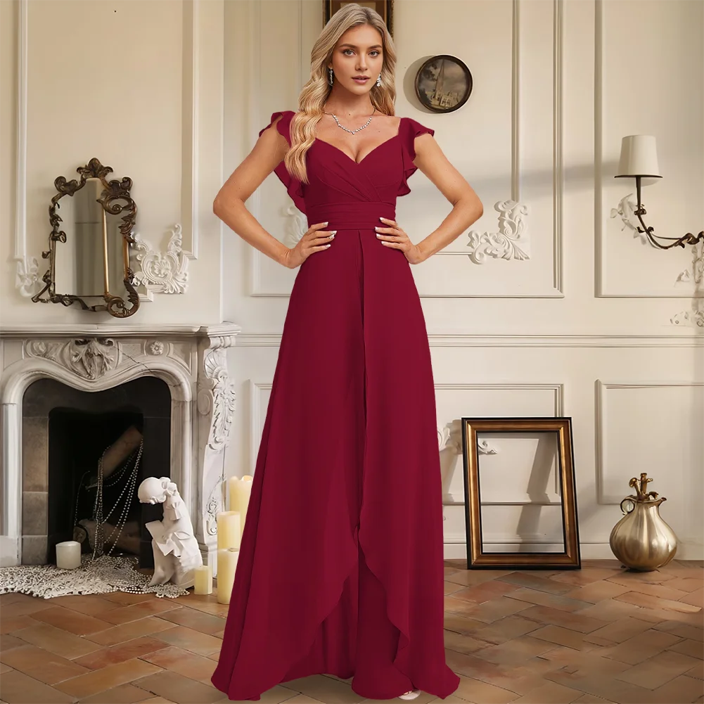VFG Jumpsuit Chiffon Bridesmaid Dresses Floor-Length V-Neck Sleeveless Ruffle Open Back Wedding Party Evening Cocktail Women