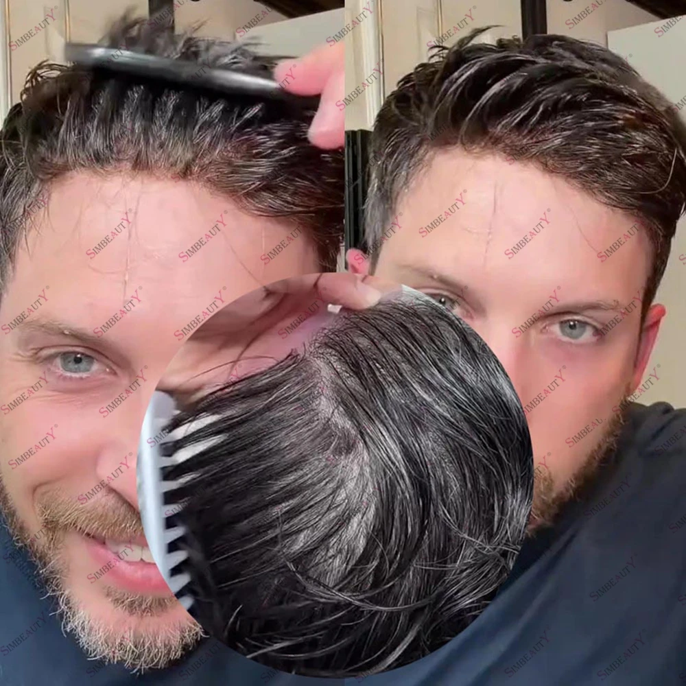 

Супертонкая кожаная основа 0,02 мм, натуральные человеческие волосы, натуральная линия роста волос, черно-серый оттенок 1B20 240 # Система невидимых париков-протезов Vloop Frontline