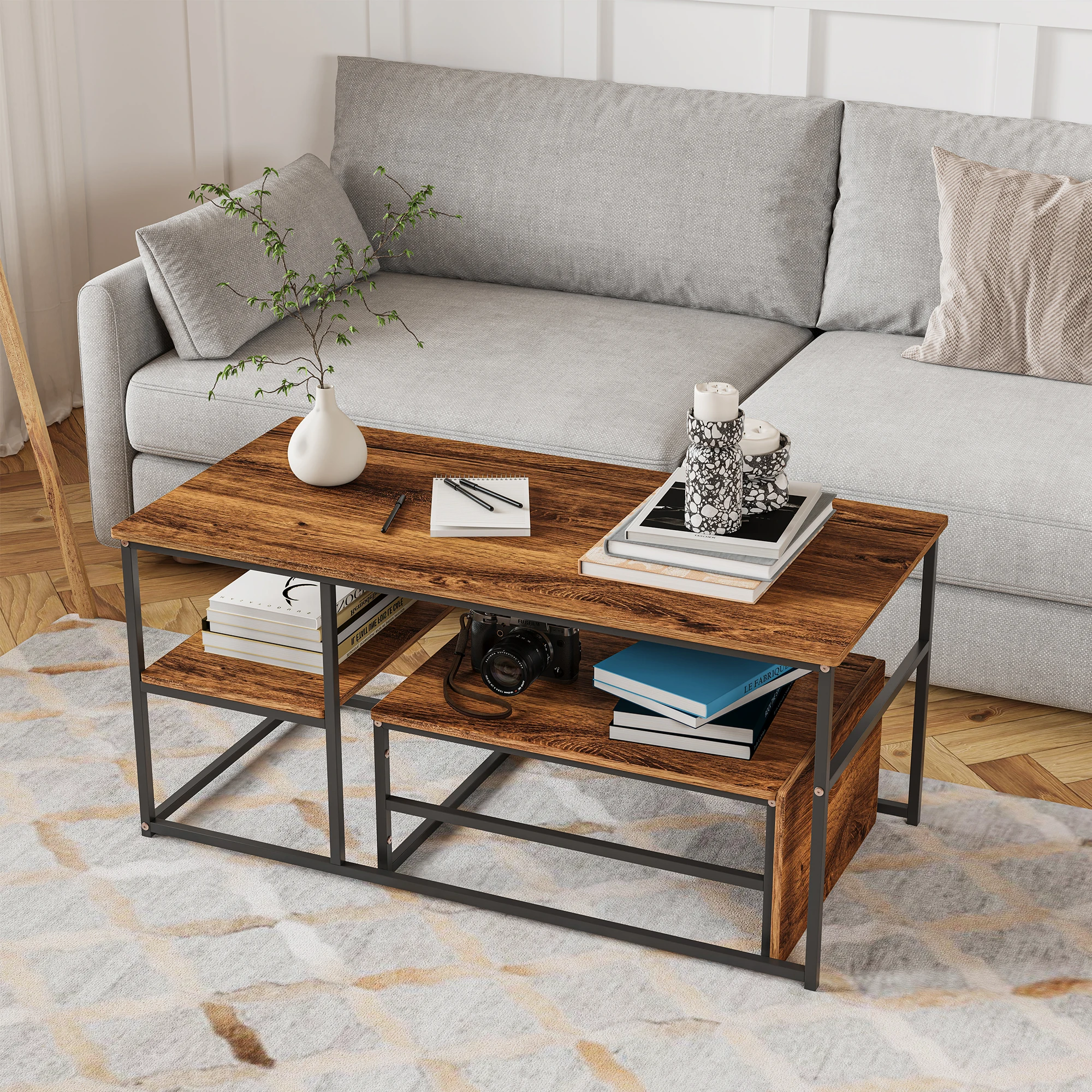 other Table Basse Salon Moderne, Tables Gigognes Ensemble de 2 Tables Basses Table Basse Gigogne avec Cadre en Métal Table D'appoint - Couleur bois
