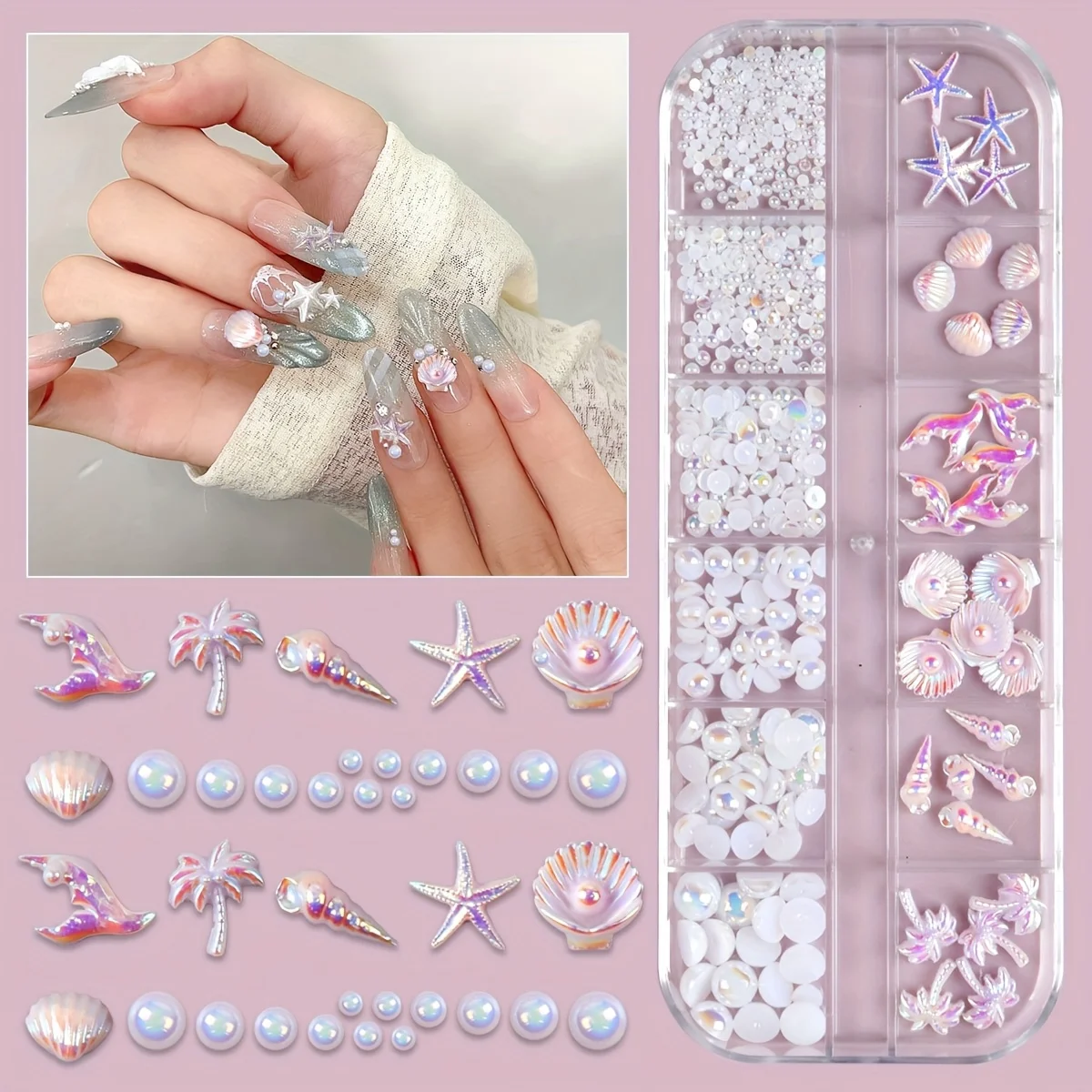 30pcs Summer Beach 3D Nail Art Set | Coconut Tree, Shell, Starfish, Mermaid, Fish Tail, Conch - Aurora Purple Press-On Nails wit