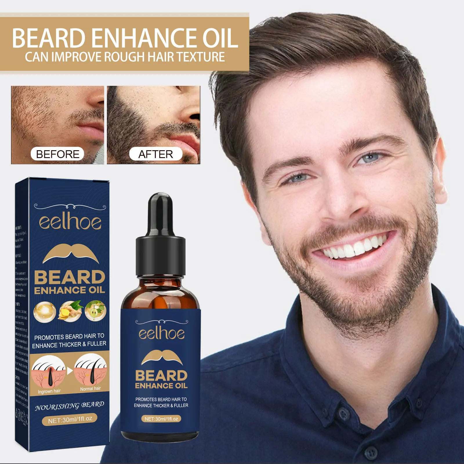 Nutrição profunda melhorar o óleo de crescimento da barba, homens cuidados, hidratar, amolecer, fortalece, ilumina, natural, folículos