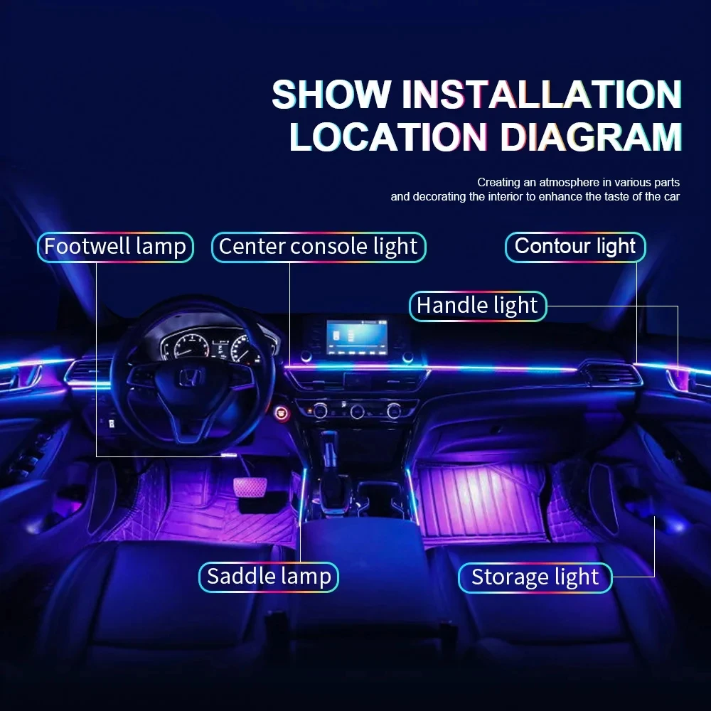 도요타 BMW 골프 아우디 혼다 테슬라용 네온 풀 스트리머 자동차 주변 조명, RGB 64 색 LED 인테리어 아크릴 스트립, 22 in 1