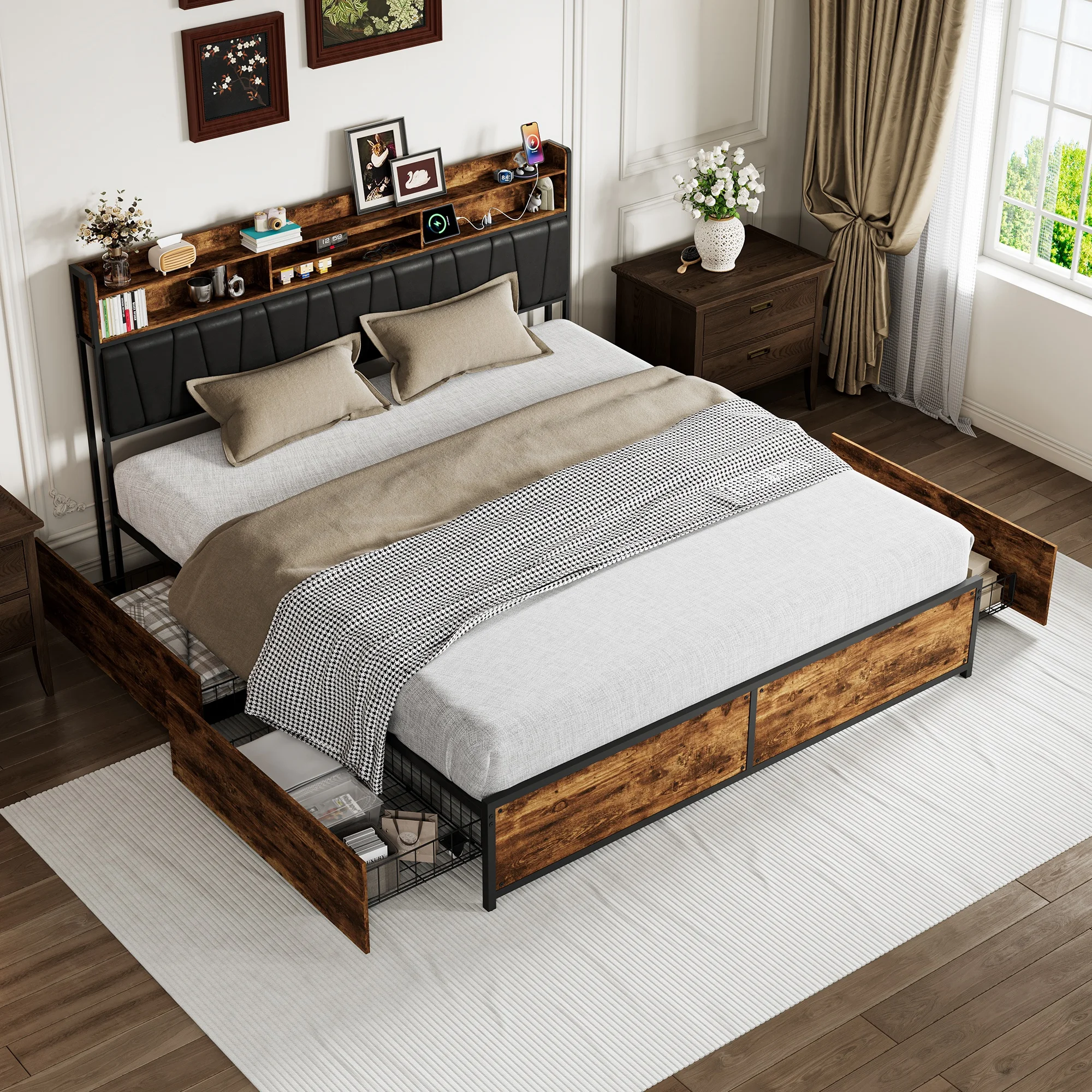 Superaly Doppelbett 140x200cm, Polsterbett mit Stauraum-Kopfteil und Schubladen, Jugendbett für Schlaf- und Gästezimmer, PU, Tigerstreifenmuster