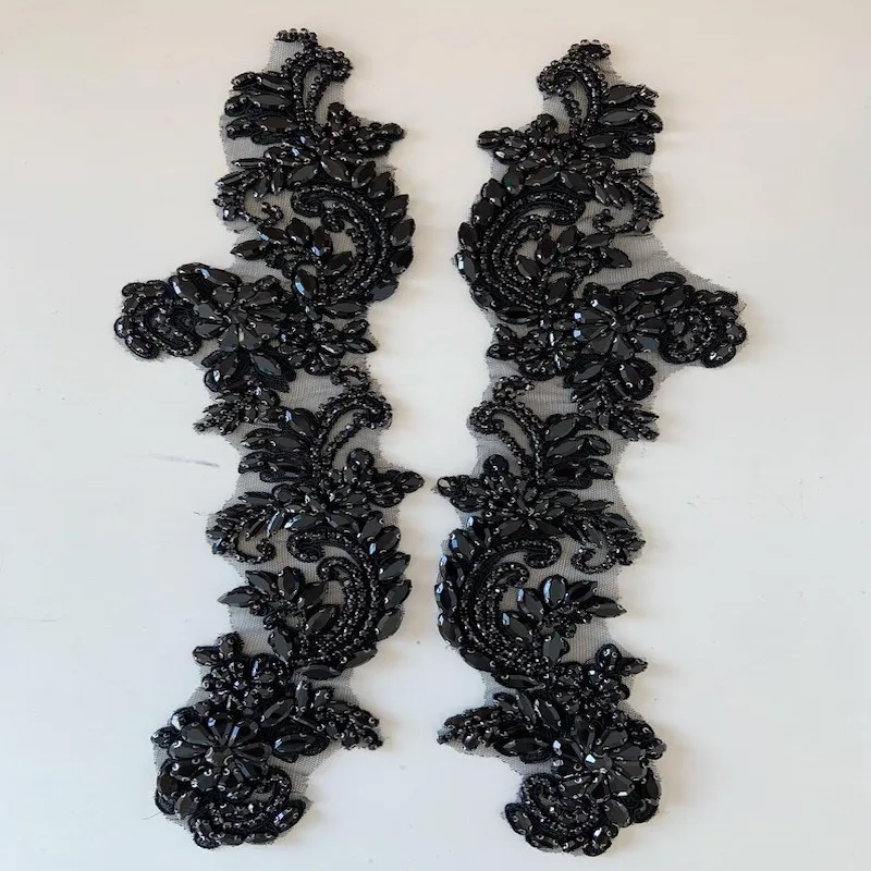 

1 Pair Black Crystal Bead Motif Applique For Dance Costume Rhinestone Bodice For Wedding Dress Ball Gown