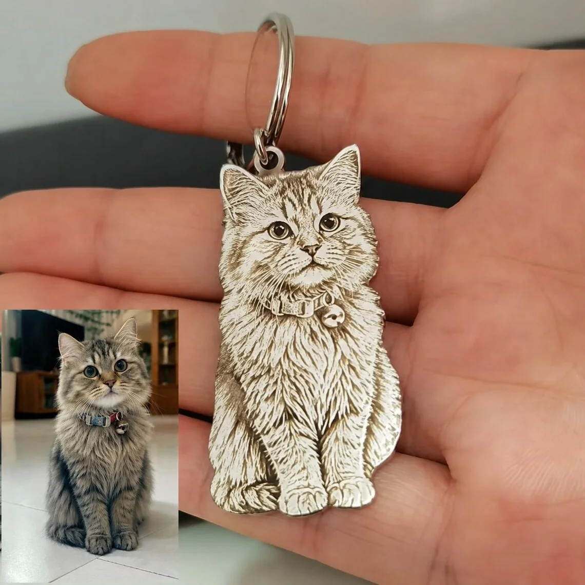 Personalisierter Haustier-Schlüsselanhänger, Lasergeschnittener Schlüsselring mit echtem Foto, personalisiertes Haustierfoto, graviertes Erinnerungsstück für Hunde, Geschenk für Hundemama oder Hundepapa – Detail 2