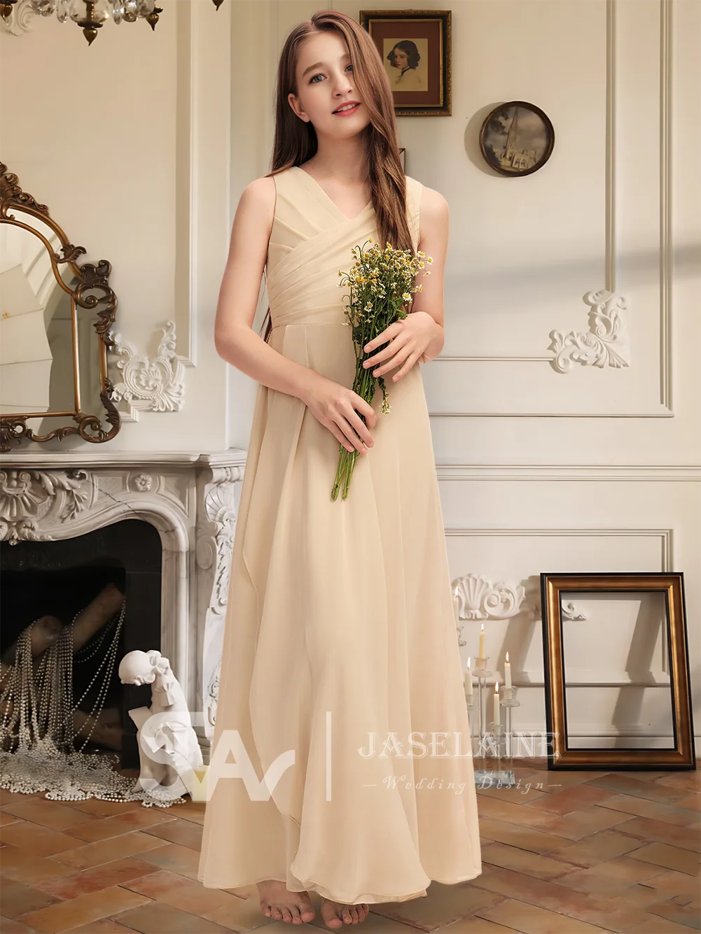 Элегантное шифоновое платье трапециевидной формы с v-образным вырезом длиной до пола, платье подружки невесты, плиссированное платье с цветочным узором для девочек, вечерние, свадебные, официальные