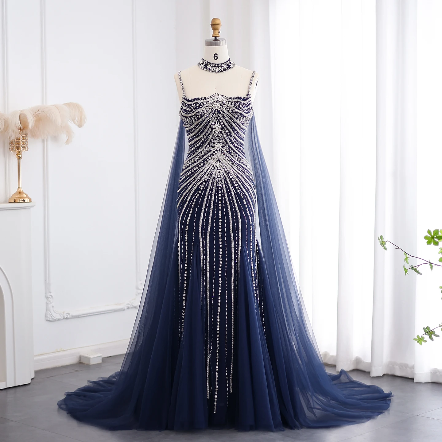 Sharon กล่าวว่าหรูหราดูไบ Navy Blue Blush สีชมพู Mermaid ชุดราตรี Chocker Cape สําหรับคํางานแต่งงานชุด SS325 ที่กําหนดเอง