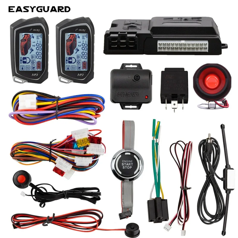 EASYGUARD EC207-M9-SR-B 2 Way Car Alarm with LCD Display Remote Engine Start & Push Button & Shock Sensor Auto Lock Unlock