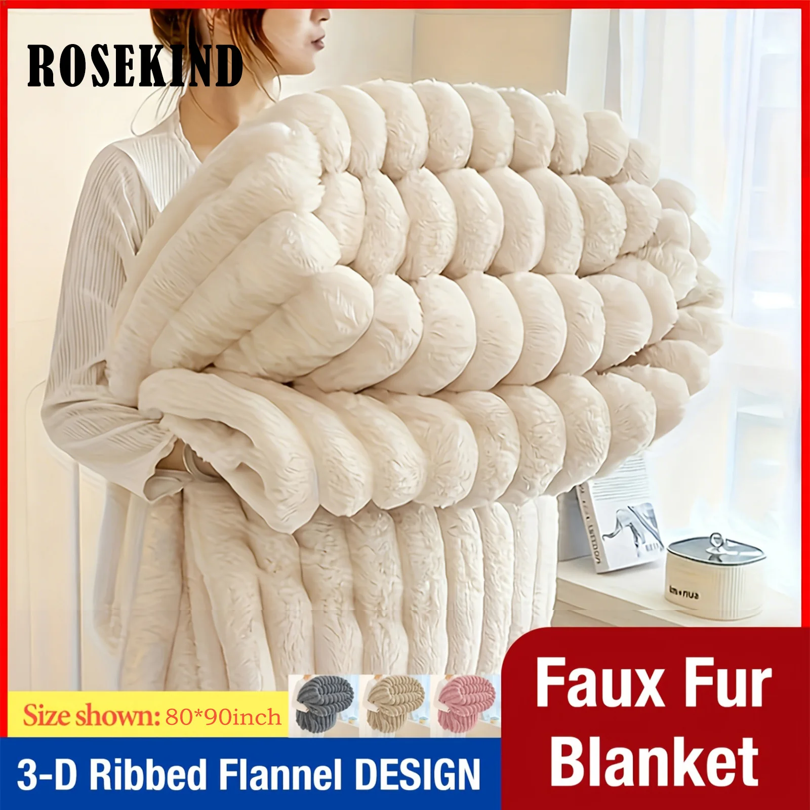A Soft Cozy Faux Fur Rabbit Stripped Blanket, Warm and Thick for Bed, Sofa, Dormitory and Office, Versatile Use and Rich Colors