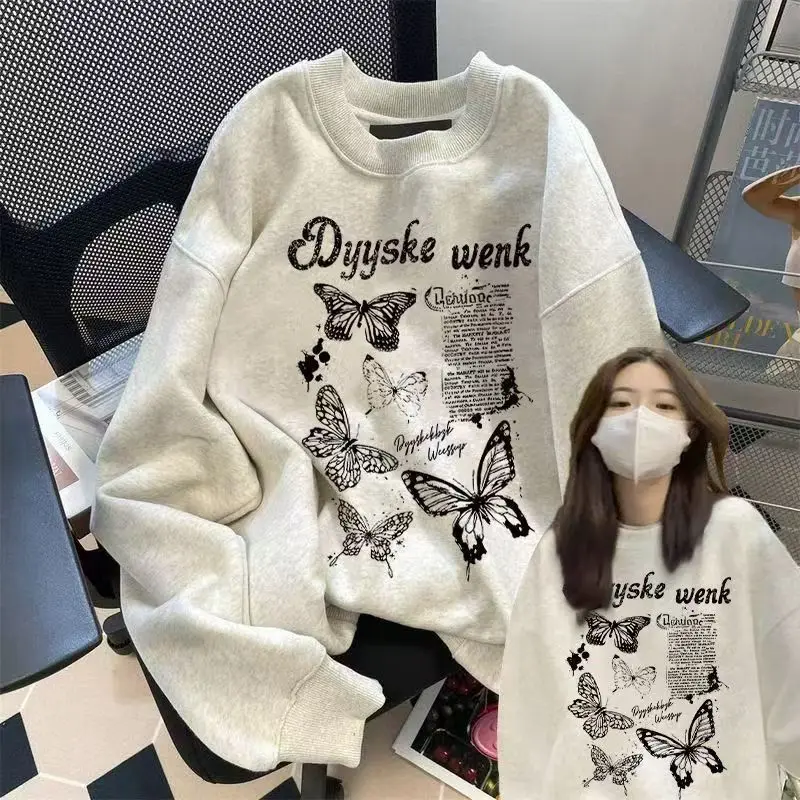 Bluza z długim rękawem w stylu retro z nadrukiem motyli, sloganem Dyyske Wenk, ocieplana, zimowa, ciepła, lekka, oddychająca, streetwear