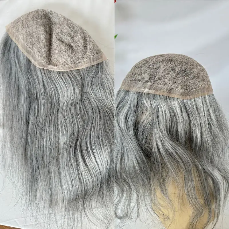 Pwigs 12 Inch Full French Lace Men Toupee 1b80 20% Human Black Hair Mixed with 80% Synthetic Gray European Hair System