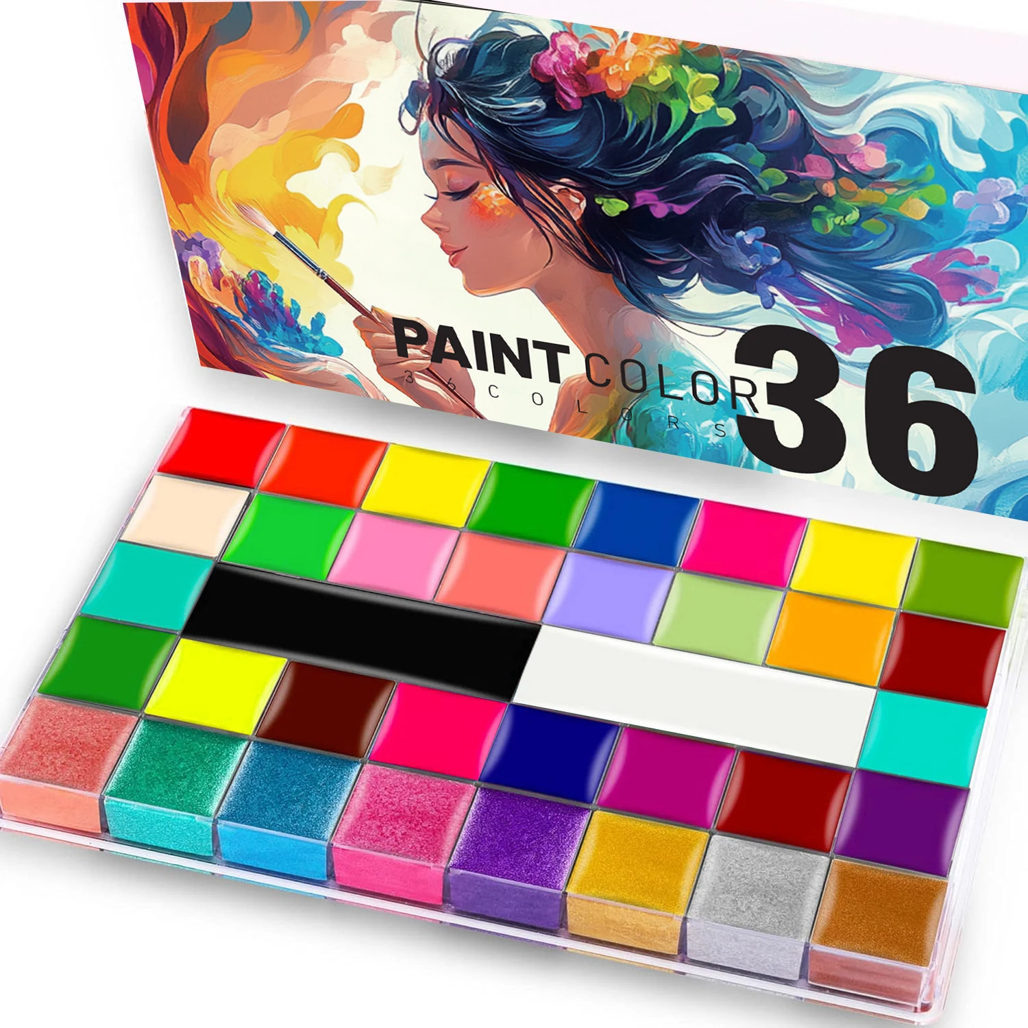 36-Color Face Painting + Brush, Professional Body Painting, Large Cream Face Painting Palette Set, Suitable for Halloween Holiday Party Special Effects Costume Cosplay Makeup
