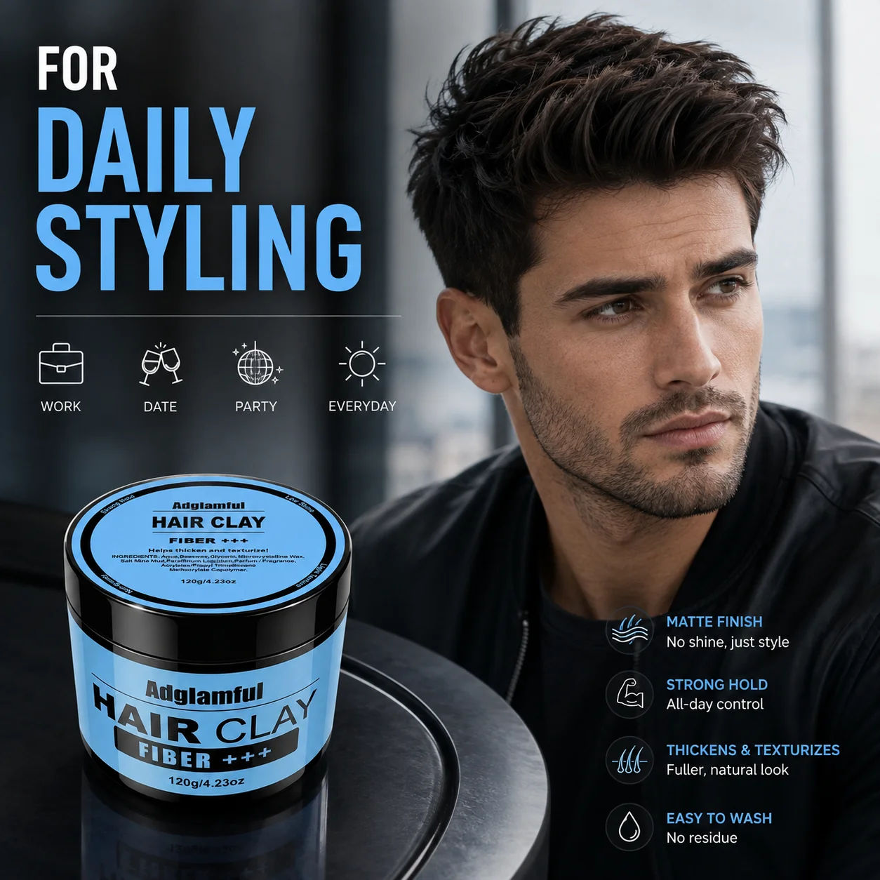 Adglamful Matte Hair Clay 120g Strong Hold Long Lasting Non Greasy Texturizing Natural Finish Low Shine Hair Styling Mud For Men