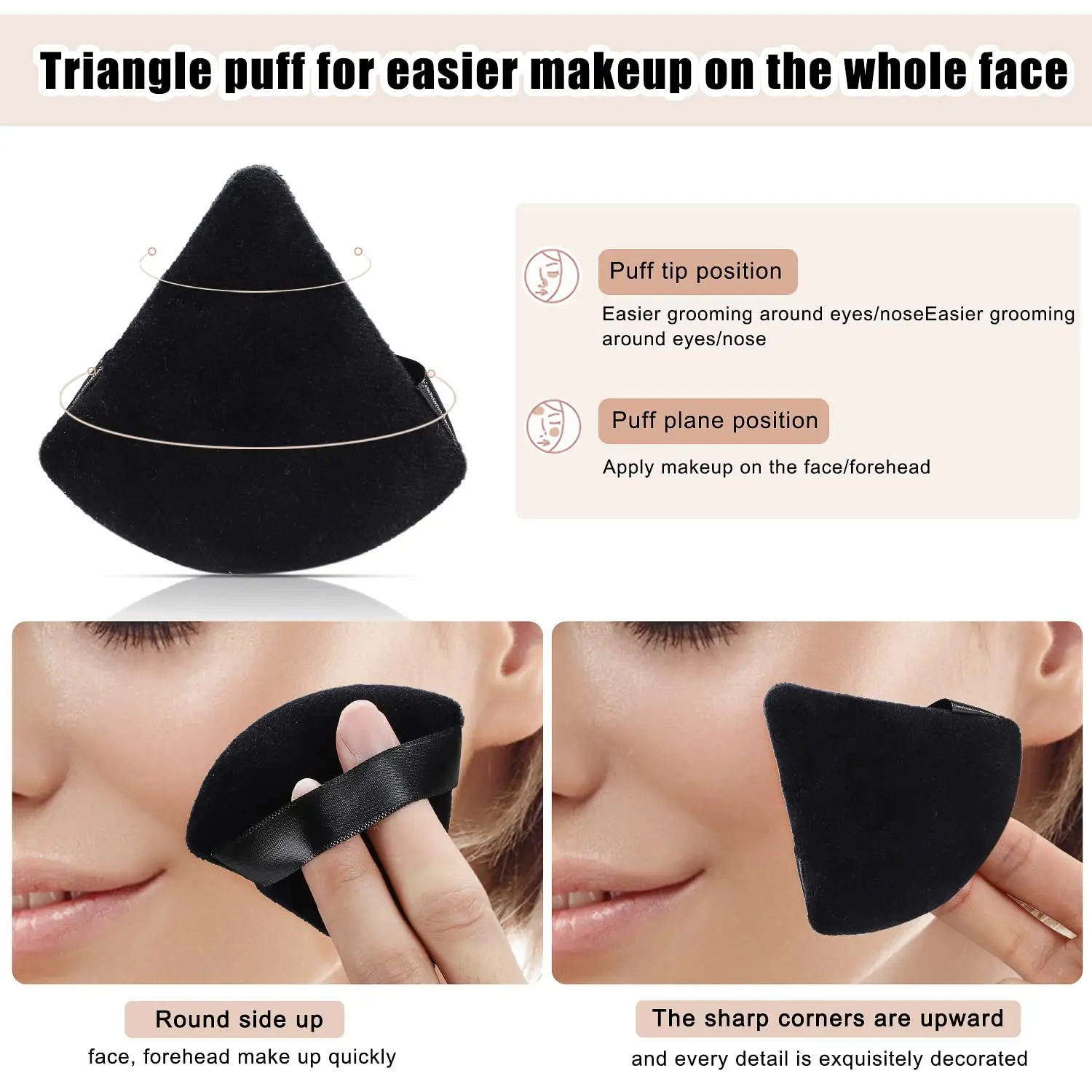 Confezione da 10 soffio per cipria bifacciale - Forma a triangolo, per fissare polvere, fondotinta, uso liquido e asciutto, non assorbente, morbido (nero