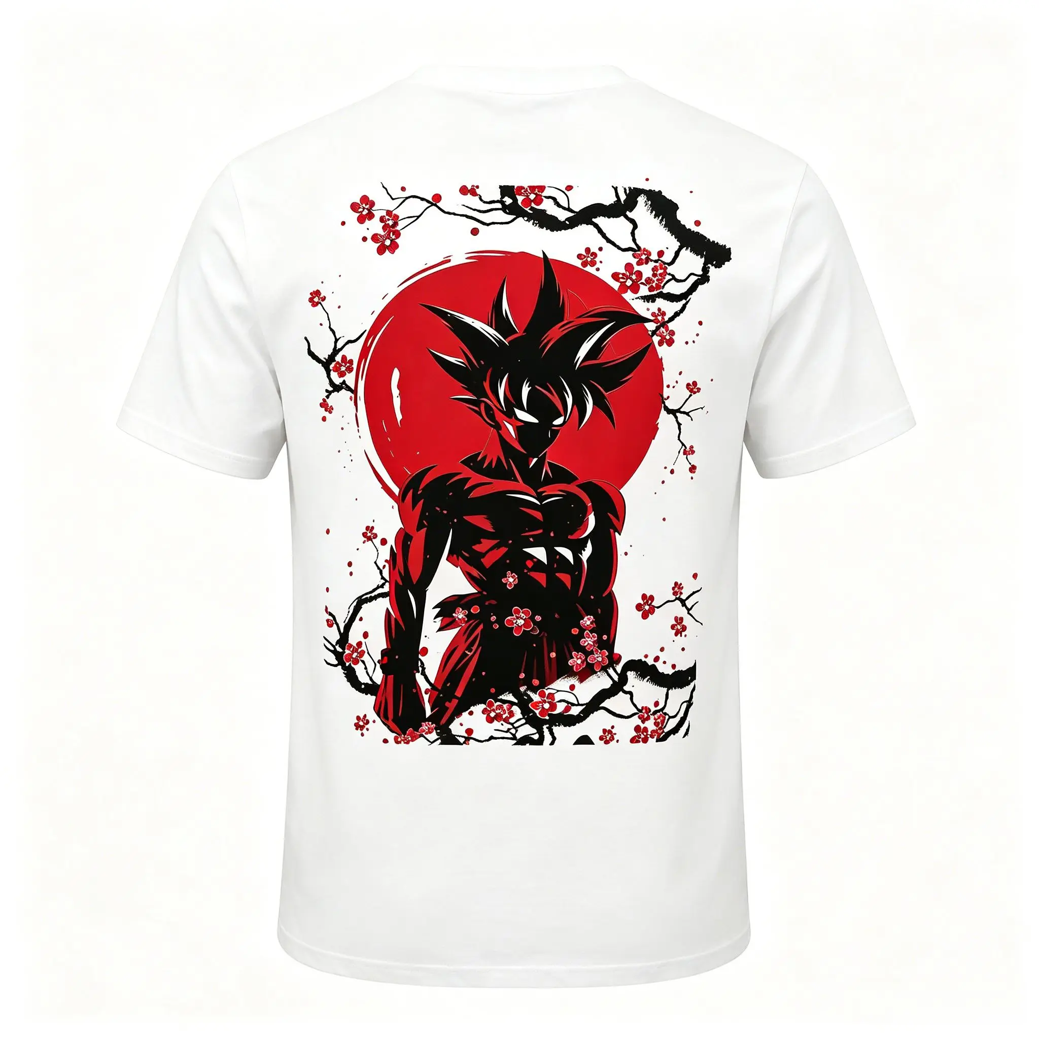 Herren-T-Shirt mit doppelseitigem Dragon Ball Goku-Motiv, Kirschblüten und japanischem Ukiyo-E, weißes Anime-Kanji-Kurzarm-Freizeitshirt