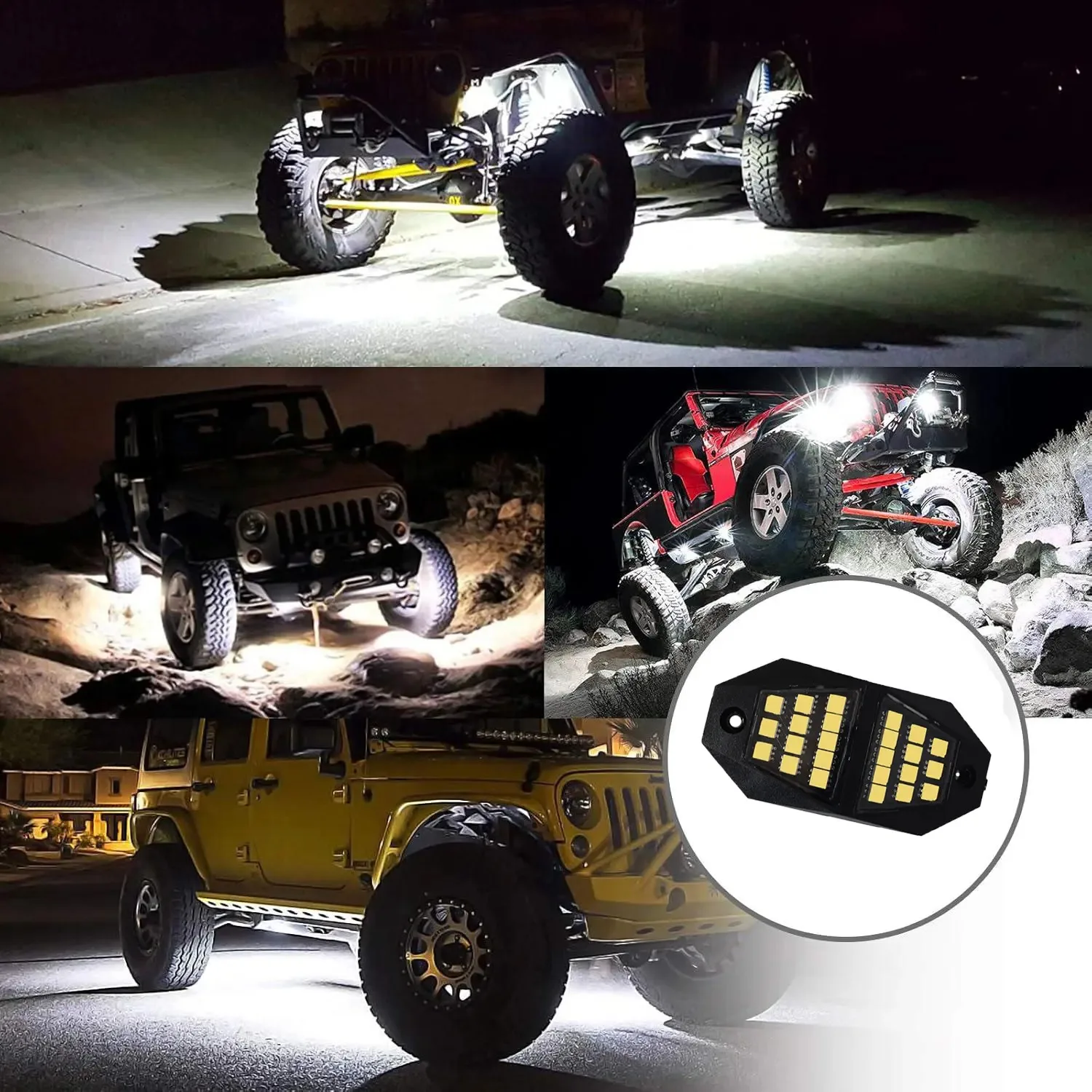 White Rock Lights for Trucks, 16Pods, 210-Degree Wide Angle, 6000K Pure White, 24 Bright SMD Chips, with Extension Wires, High Adhesive Stickers, Universal Fit for Automobiles Golf Cart SUV ATV