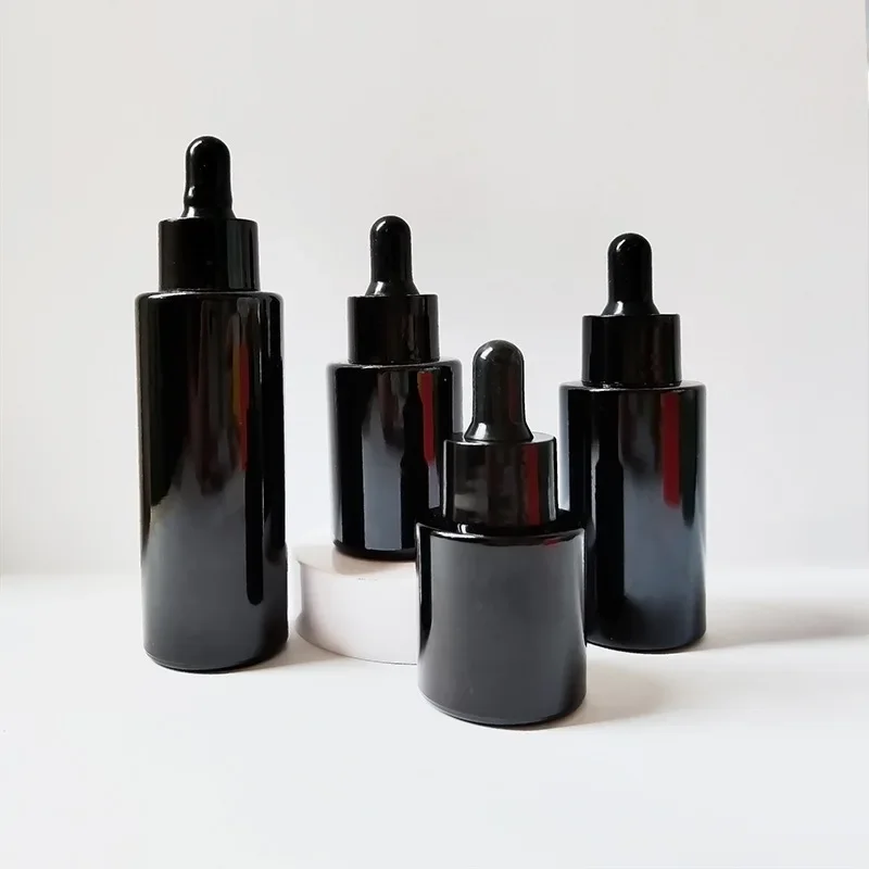 Flcopropriété compte-gouttes en verre avec compte-gouttes, d'extraction d'huile essentielle, pipent de sérum liquide, emballage cosmétique, noir, 20 ml, 30 ml, 40 ml, 60ml, 1 pièce