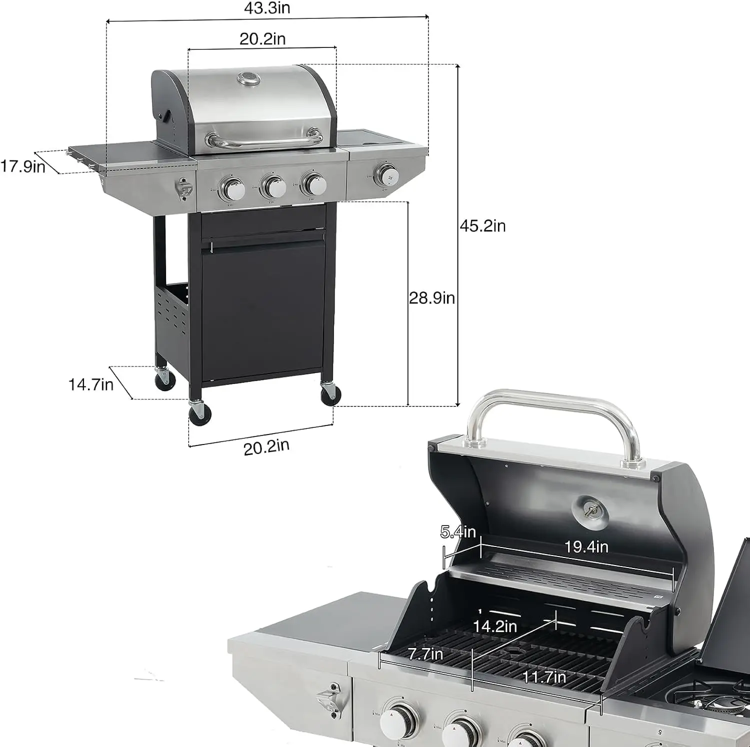 3-Burner Propane Grill, 37,000 BTU With Side-Fire Function. Stainless Steel, Enameled Cast Iron Grate, Thermometer, Wheels. Perfect For Patio and Garden Cooking