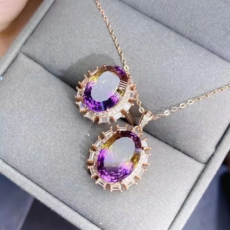 

KJJEAXCMY Boutique Jewelry 925 Pure Silver Natural Amethyst Women's Pendant Ring Set Electroplated Rose Gold Party Birthday Gift