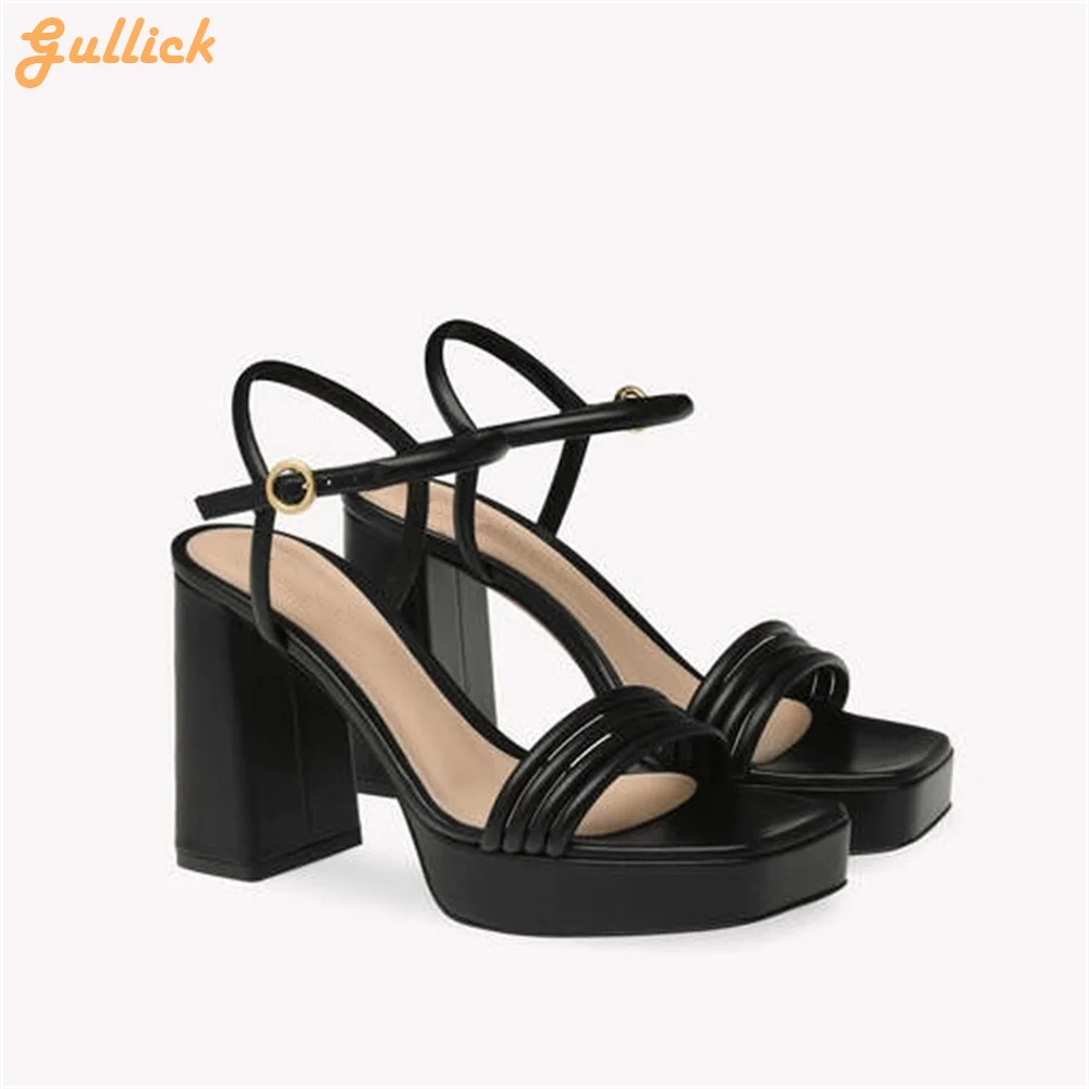 Chunky Heel Platform Sandals Square Toe Slingback One Word Belt Sandals Front Rear Strap Women Silver/brown/black Sandals