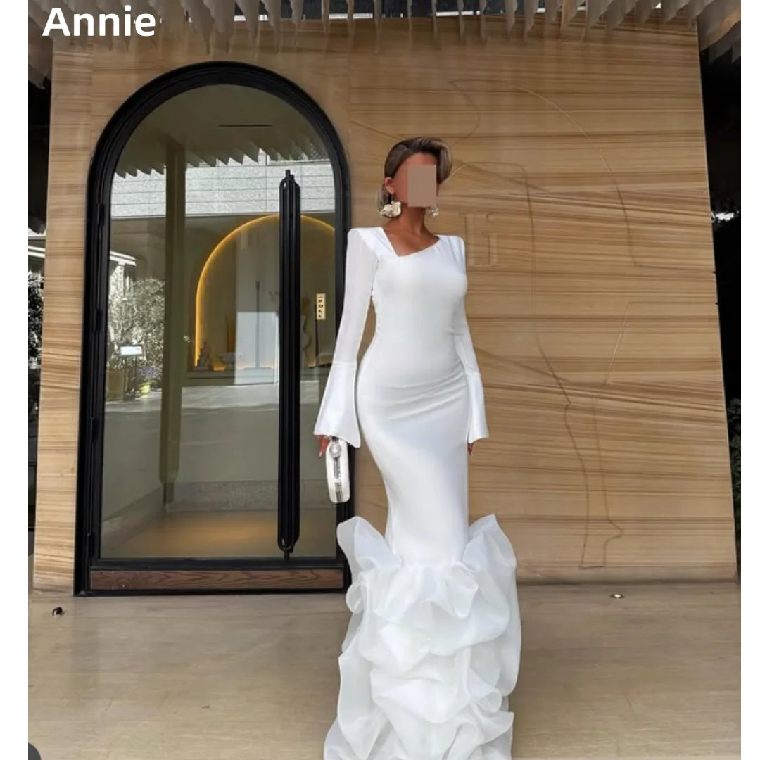 

Annie Элегантные платья для выпускного вечера с длинными рукавами Белые тонкие вечерние платья с вьющимися краями Женские вечерние платья для особых случаев