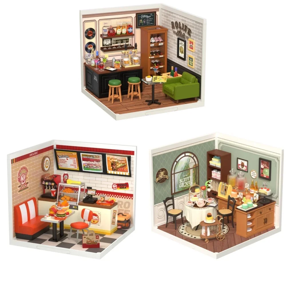 Robotime DIY 3D-Puzzle Haus Geschenkidee Modellbausatz mit LED Yum Burger und gemütlicher Bar mit süßen Teegeschänken