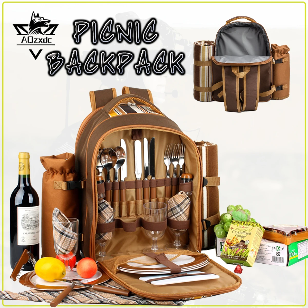 

Picnic Tableware Bag Picnic Backpack for 4 Person Portable Thermal Insulation with Cooler Compartment Wine Bag Picnic Blanket