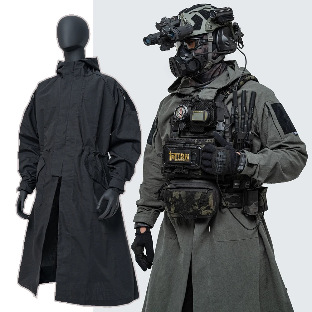 

Tactical Improvement Lab Coat Long Gown Armored Hooded Jacket Polyester-Cotton Hemp Crepe Windbreaker for CS Game Role Playing