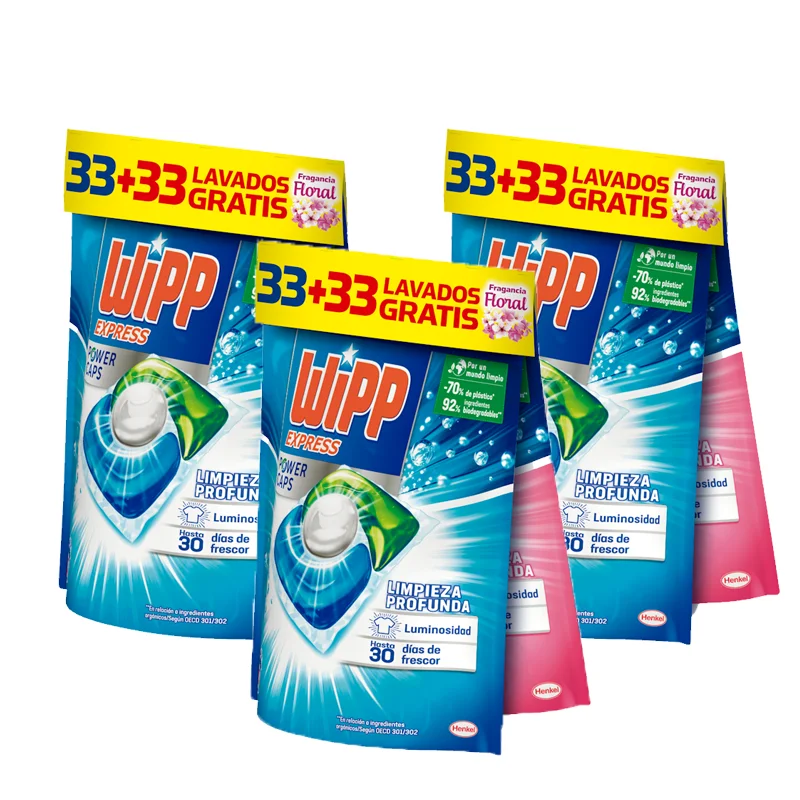 Pack de Detergente WIPP Express Power Caps cápsulas - 33 limpieza profunda + 33 floral, 198 Capsulas),Limpieza Profunda, Eficaz en Agua Fría