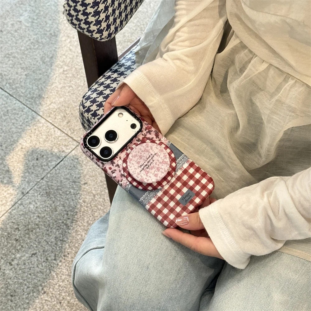 

Fashion Plaid Flower For With Magsafe Magnetic Holder Phone Case for iPhone 17 Pro Max 13 14 15 16 Fundas Cute Protective Cover