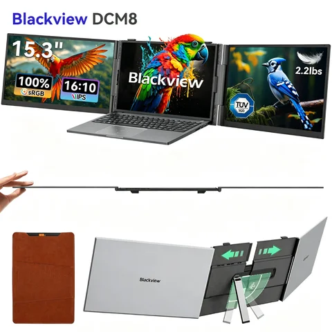Blackview DCM8 Triple écran externe pour ordinateur portable, écran externe portable IPS FHD 1080P de 15,6 pouces, deux câbles USB C pour ordinateur portable de 14 à 17 pouces, Plug & Play compatible avec Windows/Mac/Chrome OS/appareils mobiles