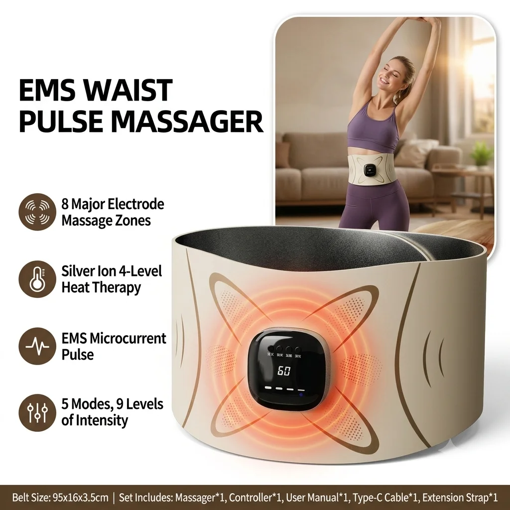 EMS Waist Massager Belt Electric Muscle Stimulator Abdominal Abs Trainer Pulse Slimming Shaping Massager Incontinence Therapy Heating Back Pain Relief Belt Core Weight Loss Fitness Vibration Waist Trimmer Stomach Heating Pad Lumbar Support Band with 9 Lev