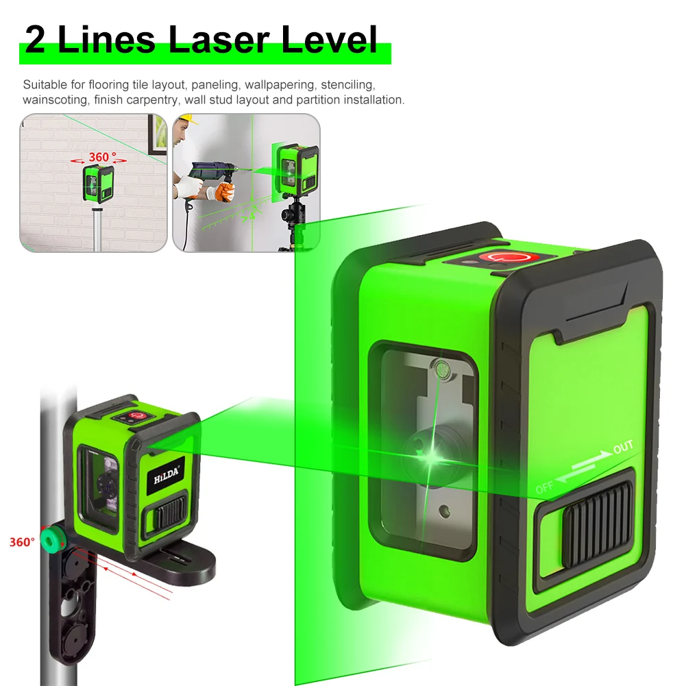 2 Lines Laser Level Portable Self-leveling Green Beams Laser Level High Precision Horizontal Vertical Cross-Line Laser Leveling