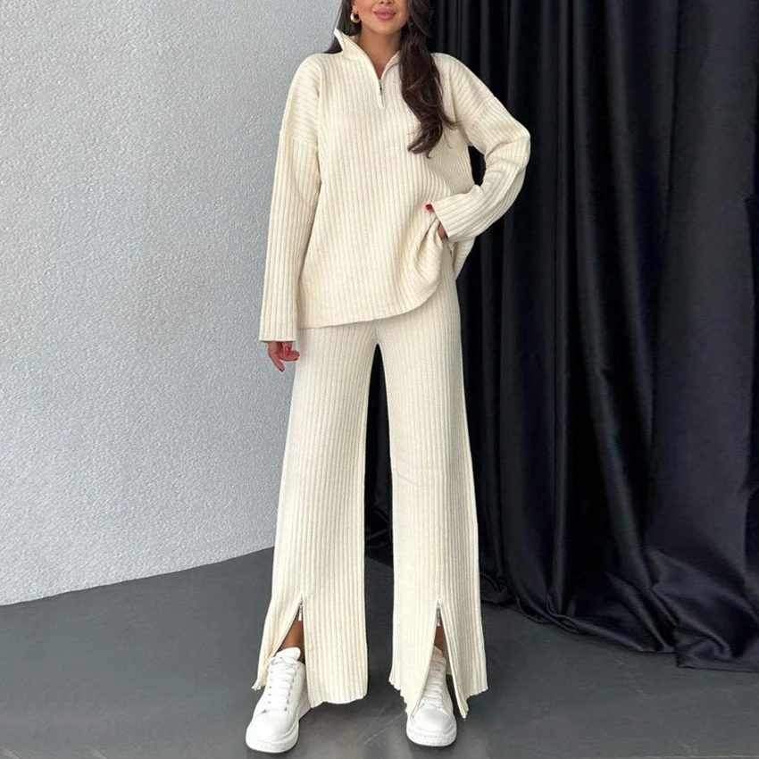 

Warm Winter Turtleneck Ribbed Solid Zipper Pullovers Wide Leg Pant Set Autumn 2024 Leisure Woman 2 Pieces Set Soft Cozy Outfit