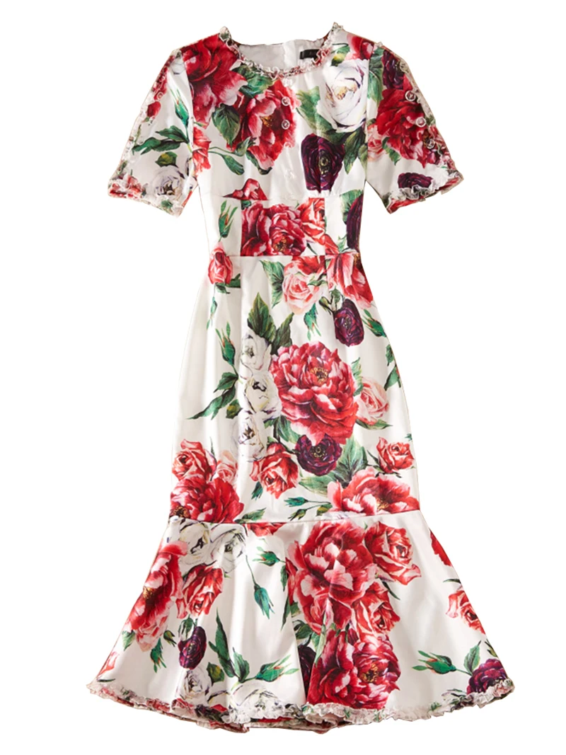 

Flower Print Women Mermaid Dress Short Sleeve Party Dresses