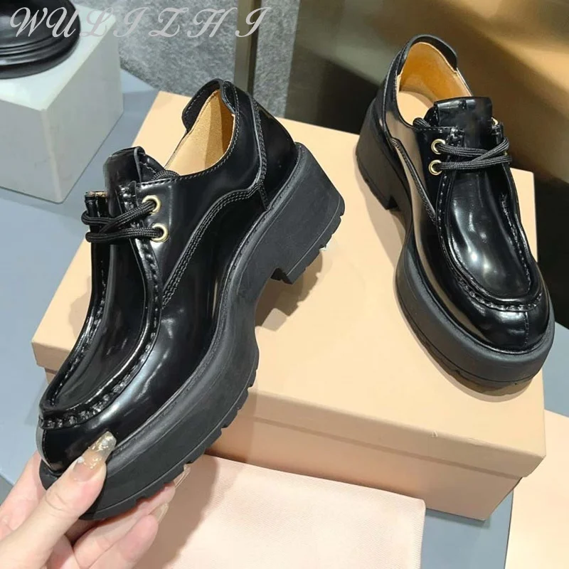 Vintage Polished Round Toe Shoes for Women Thick Soles 2024 New Autumn Cowhide Lace Up Trendy Loafers Business Female Shoes