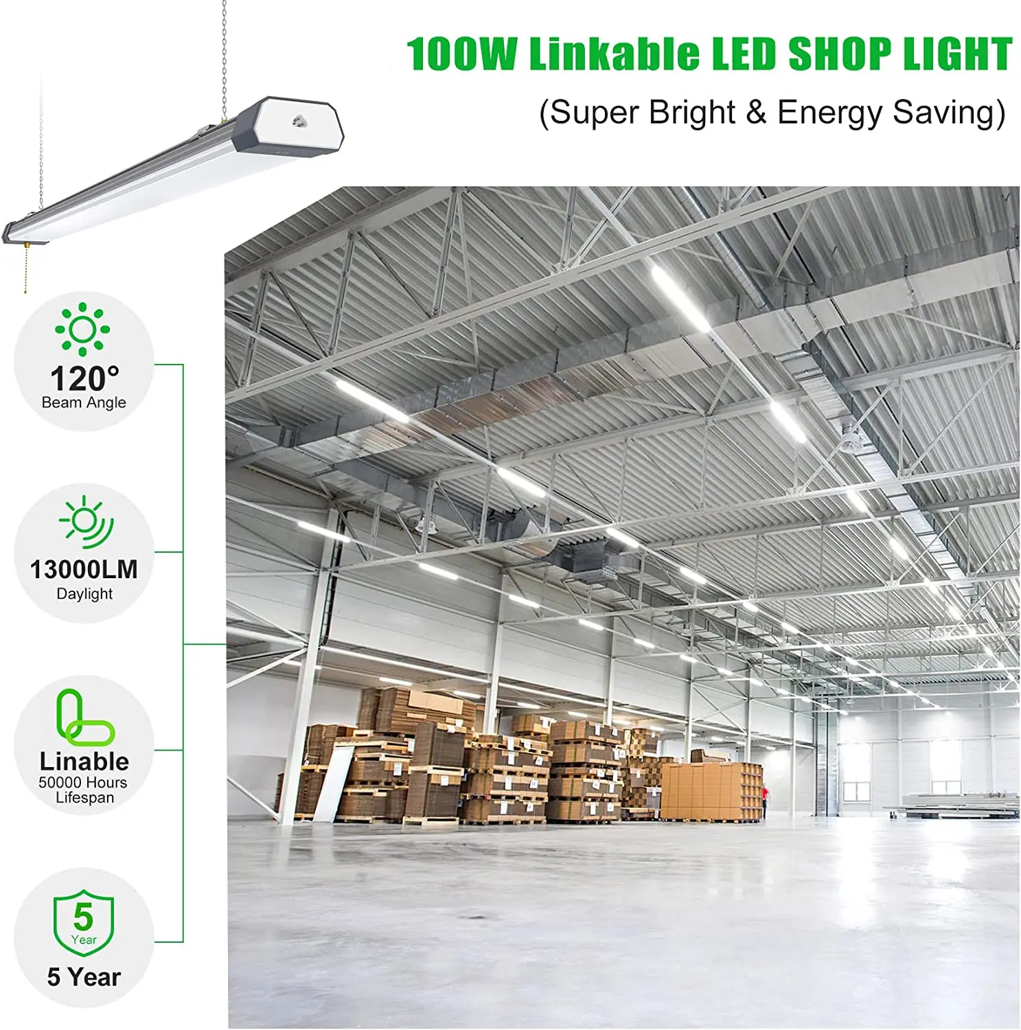 100W Tube Light 5 Years Warranty ON/Off Pull Chain Suspended Flush Mount Aluminum 120V Linkable LED Shop Light